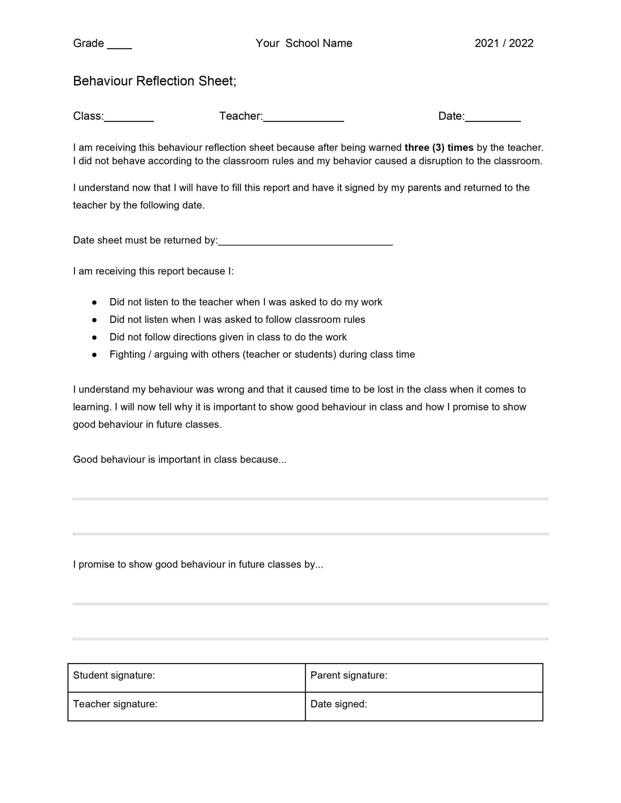 behavior reflection sheet