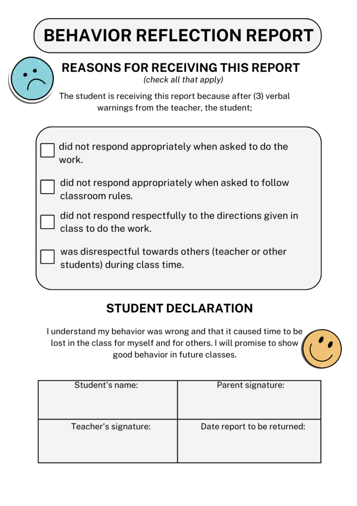 behavior reflection sheet