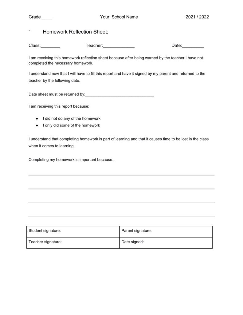 homework reflection sheet