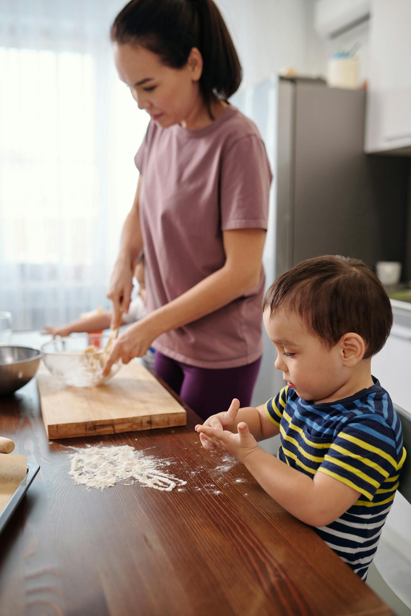 mother and son in kitchen