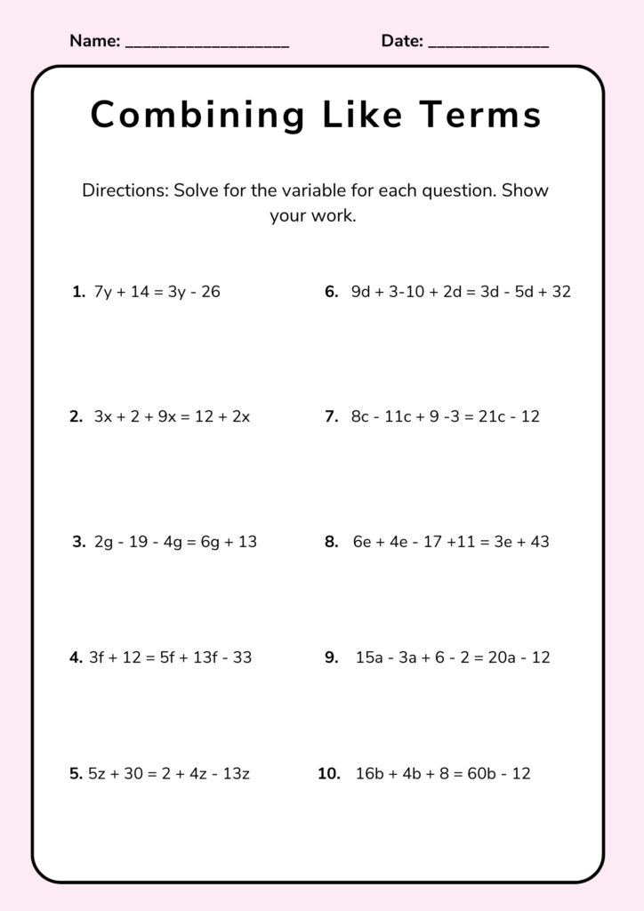 math combining like terms worksheet