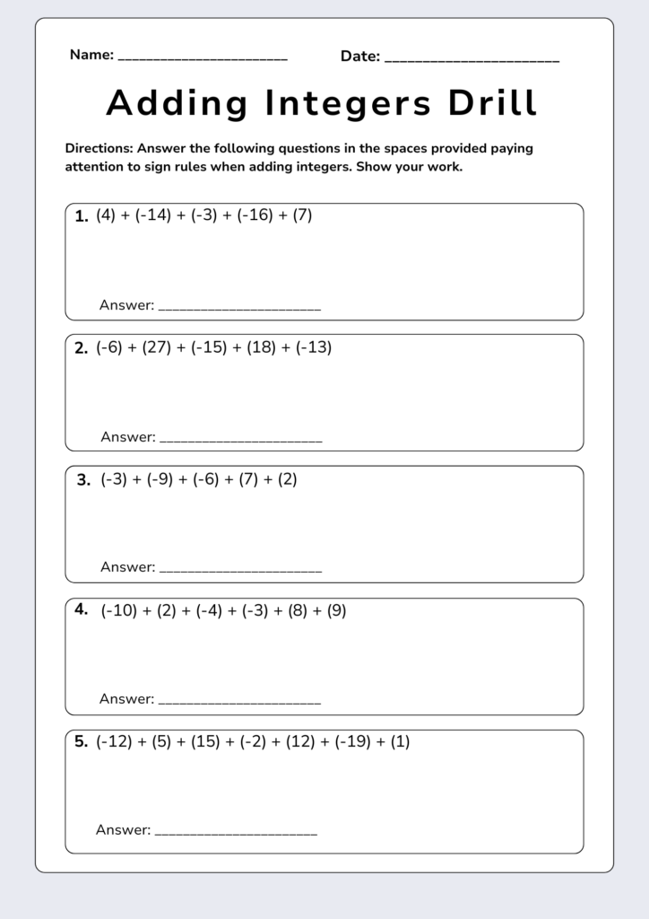 math adding integers worksheet