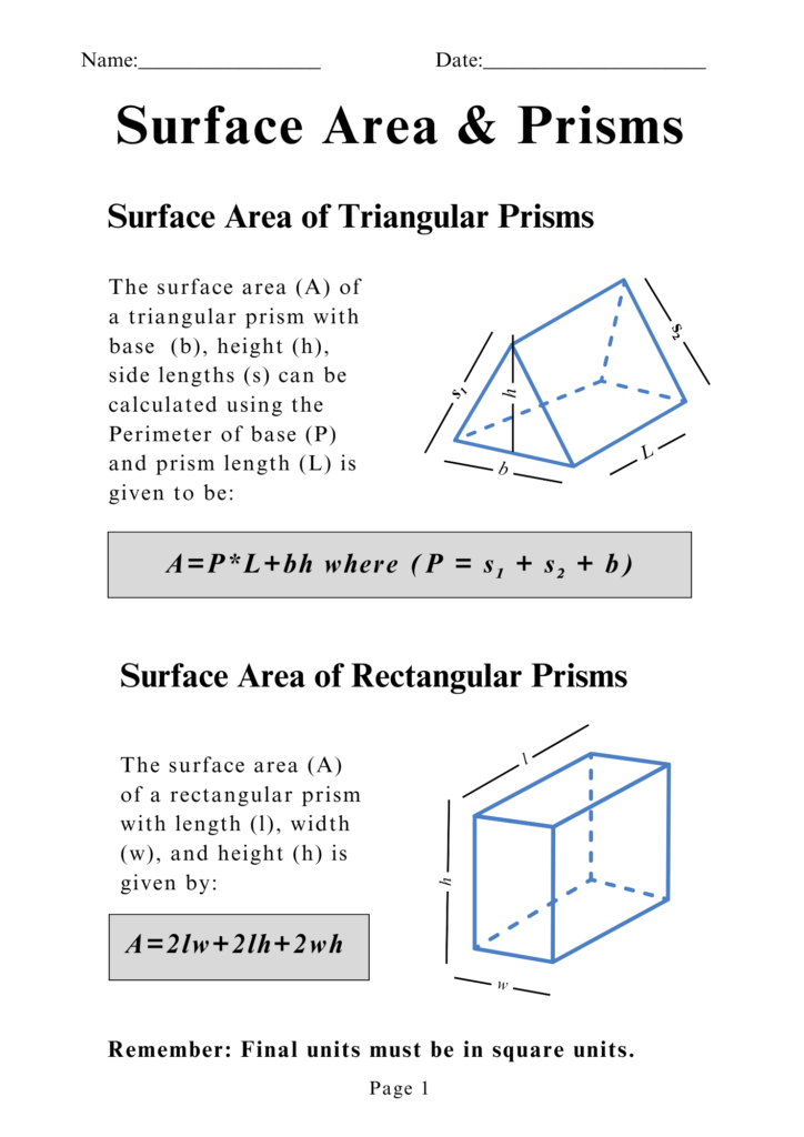 math surface area worksheet