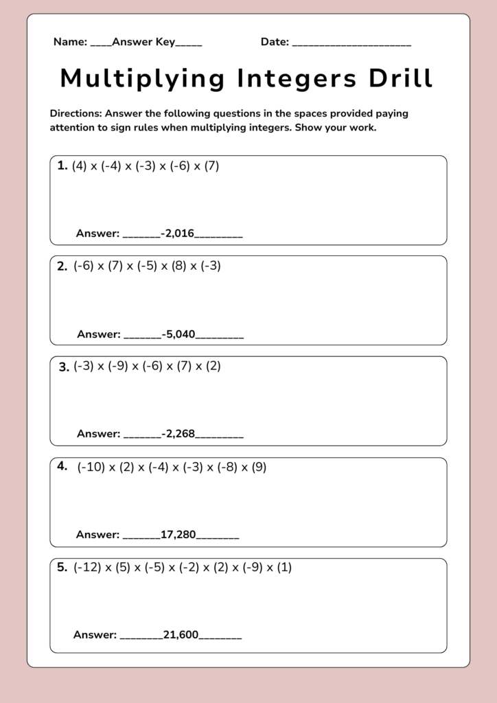 multiplying math integers worksheet