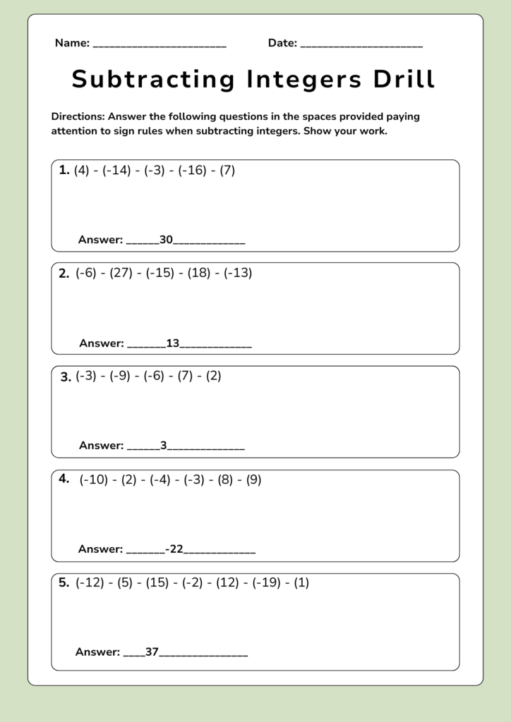 math subtracting integers worksheet
