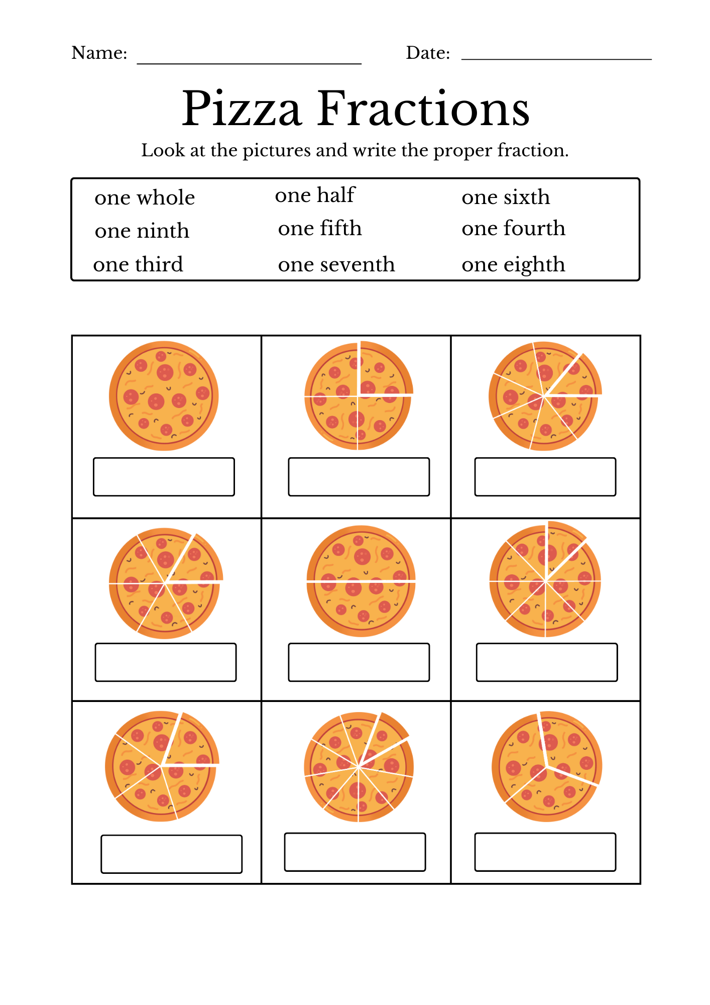 pizza fraction worksheet