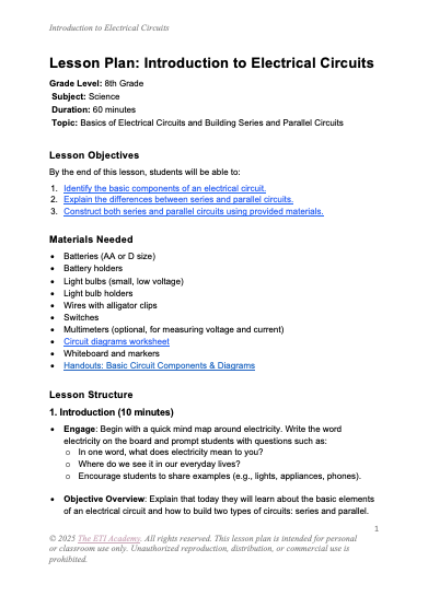 electrical circuits lesson plan for homeschool teachers