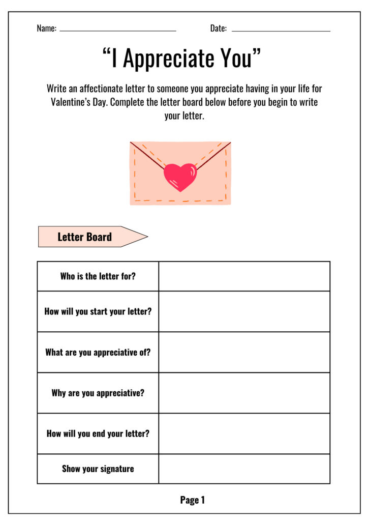 Valentines day worksheet for February